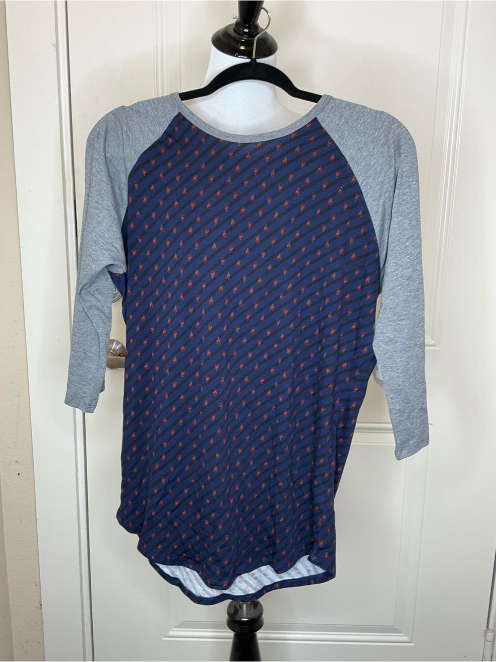 LuLaRoe Randy Navy and Gray Raglan Shirt with Small Red Pattern
